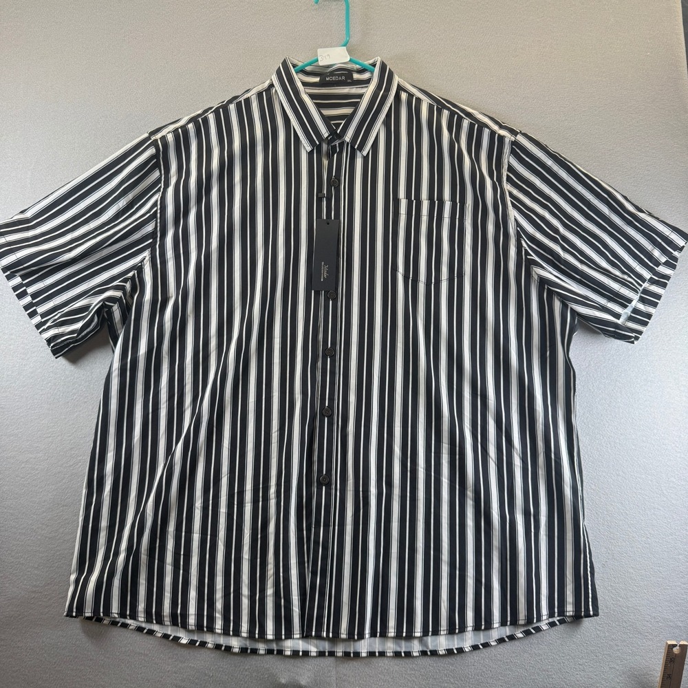 Mcedar Mens 3XL Black White Vertical Stripe Short Sleeve Button Down Shirt NWT